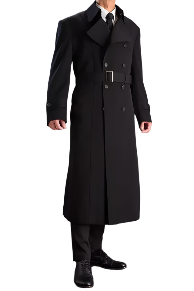 Stylish men's black double breasted trench coat with belt detail for formal occasions