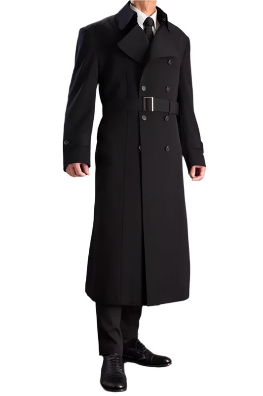 Stylish men's black double breasted trench coat with belt detail for formal occasions