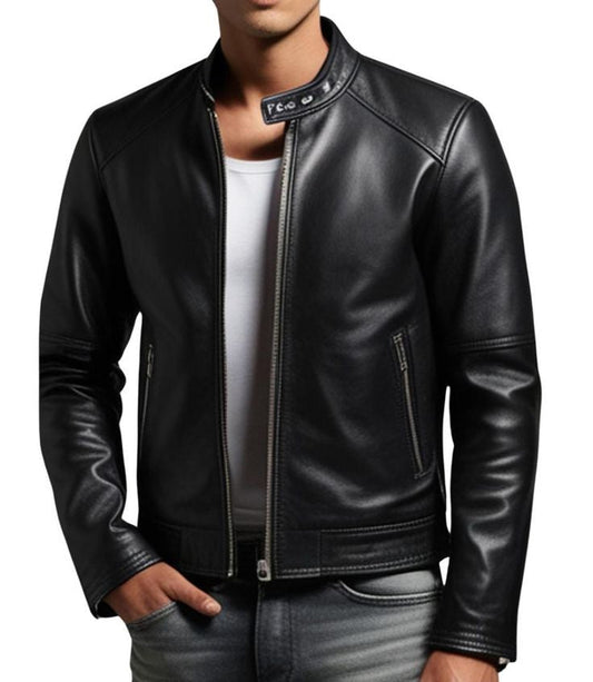 XAYWEAR men's black leather biker jacket with a classic fit and zippered pockets