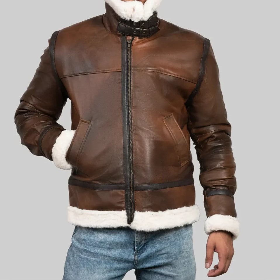 Men's brown leather aviator jacket with fur lining and zip closure for stylish warmth
