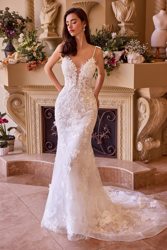XAYWEAR mermaid bridal gown with floral lace appliques and thin straps in elegant indoor setting