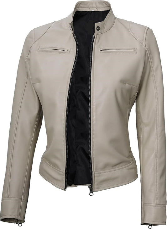 XAYWEAR Minimalist fashion jacket in light beige with a sleek design and zipper closure