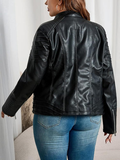 XAYWEAR women black leather jacket shown from back on model with quilted sleeve detail and zip cuffs