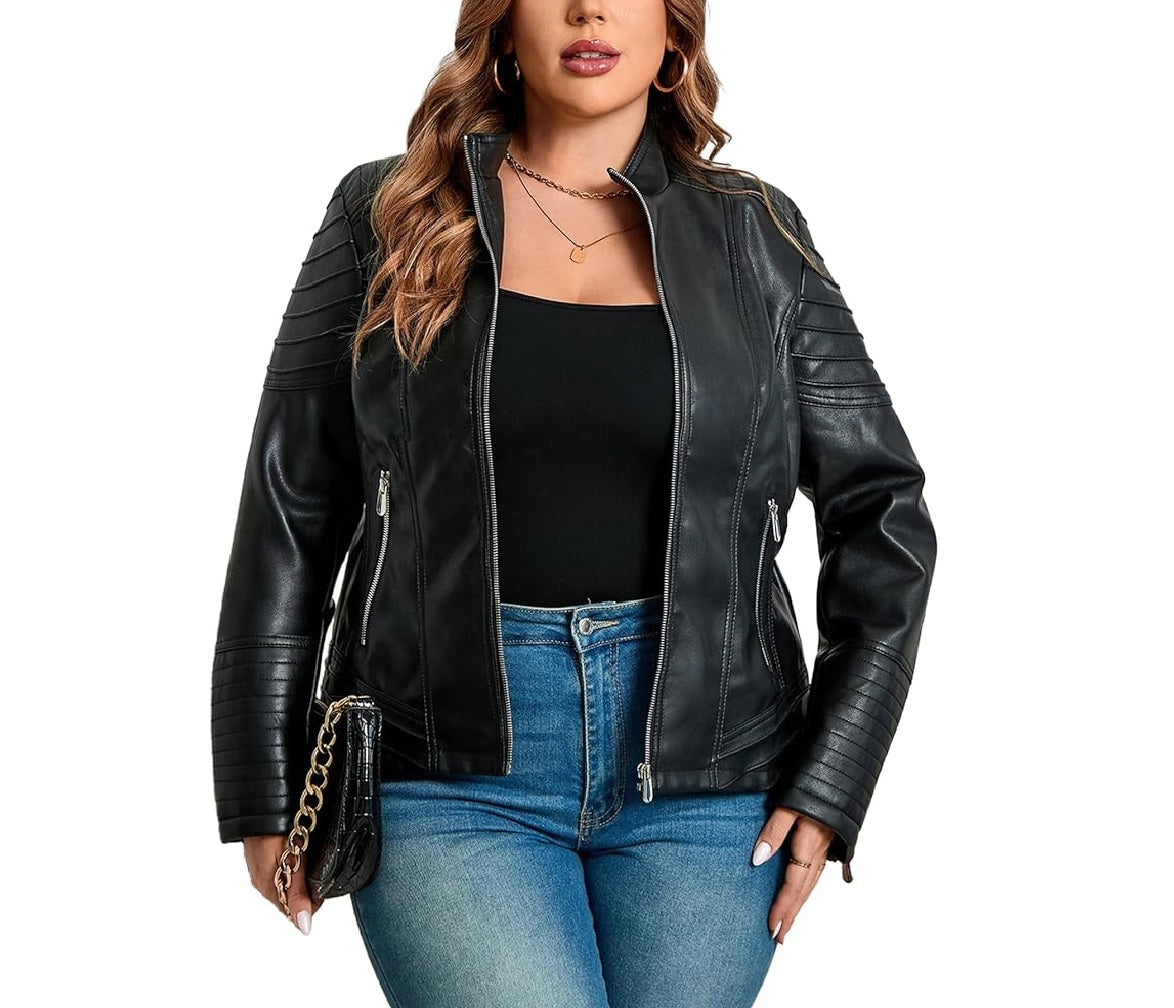 XAYWEAR women black leather jacket moto style with zipper front quilted sleeves paired with jeans