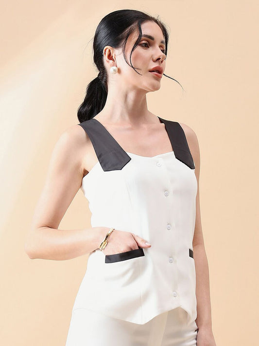 XAYWEAR stylish waistcoat for women in white with black shoulder straps and front buttons