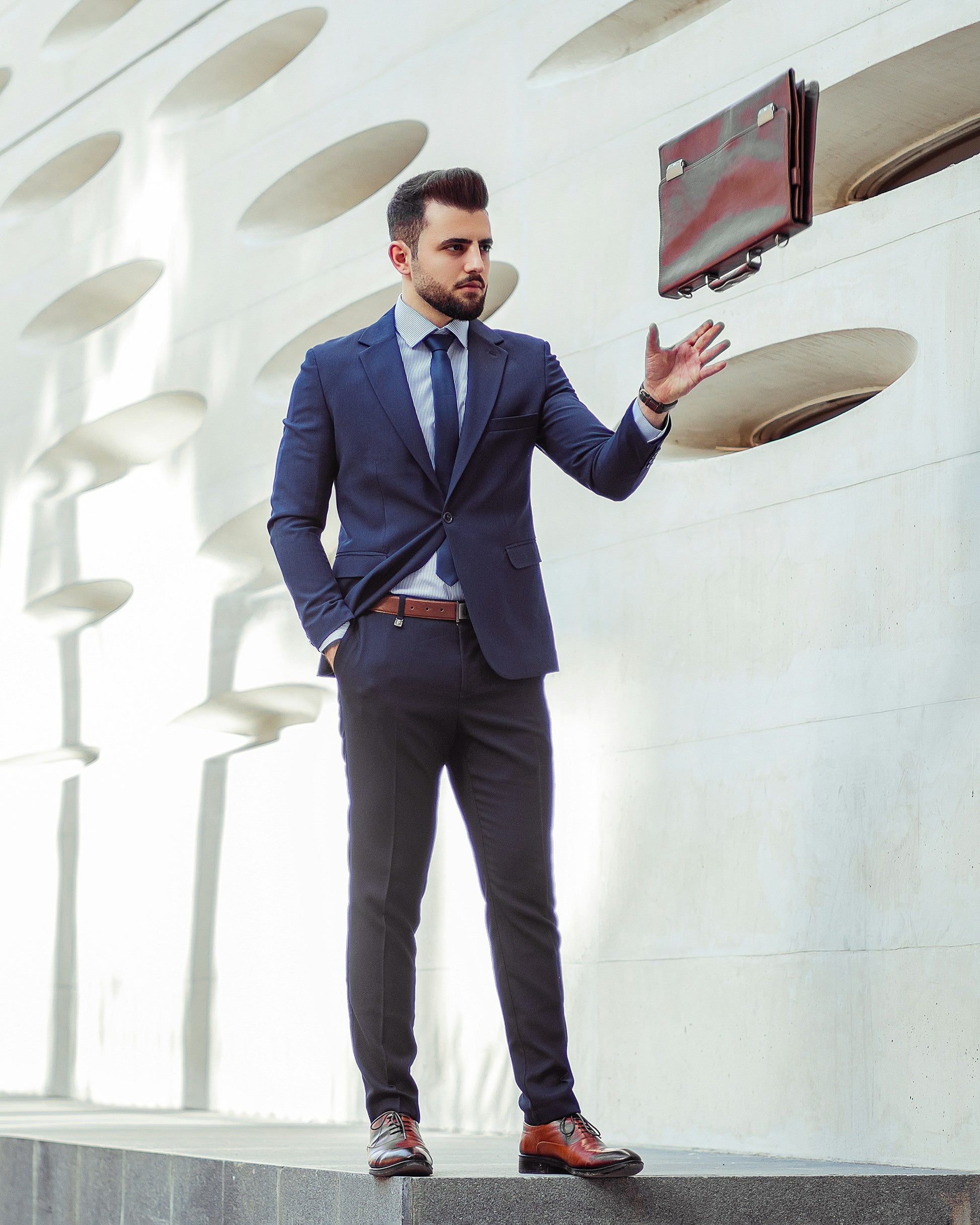 Navy Blue Formal Blazer by XAYWEAR styled with dress pants and a tie for a polished look
