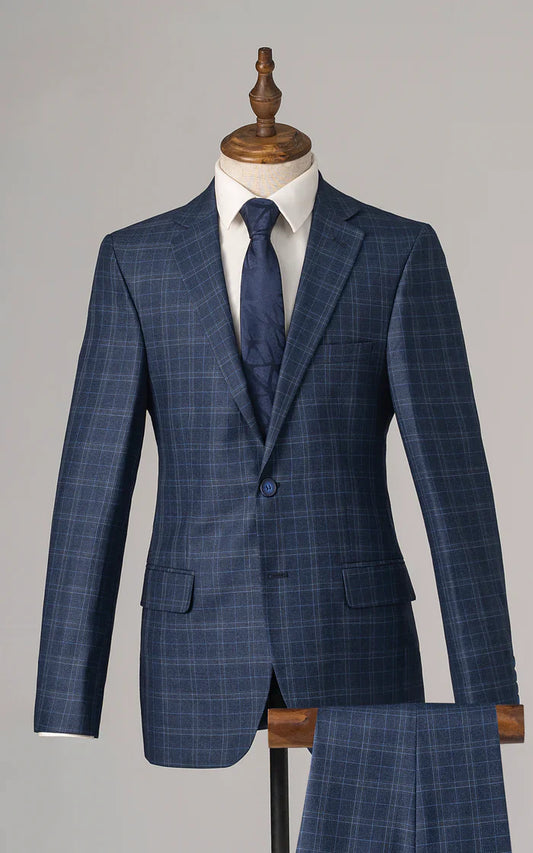 XAYWEAR Navy Blue Suit for Men in Classic Fit with Checkered Pattern and Matching Pants