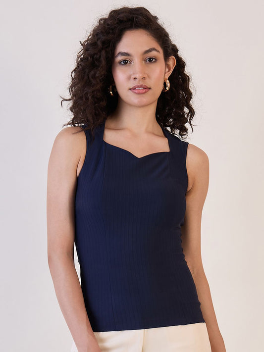 Navy Blue Sweetheart Neck Top by XAYWEAR, featuring a fitted design and elegant neckline