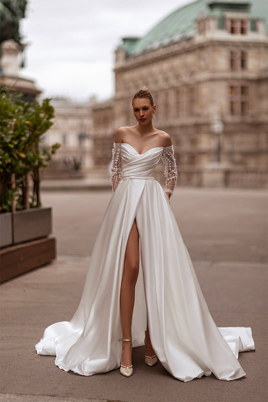 XAYWEAR elegant off shoulder wedding dress with long lace sleeves and high front slit
