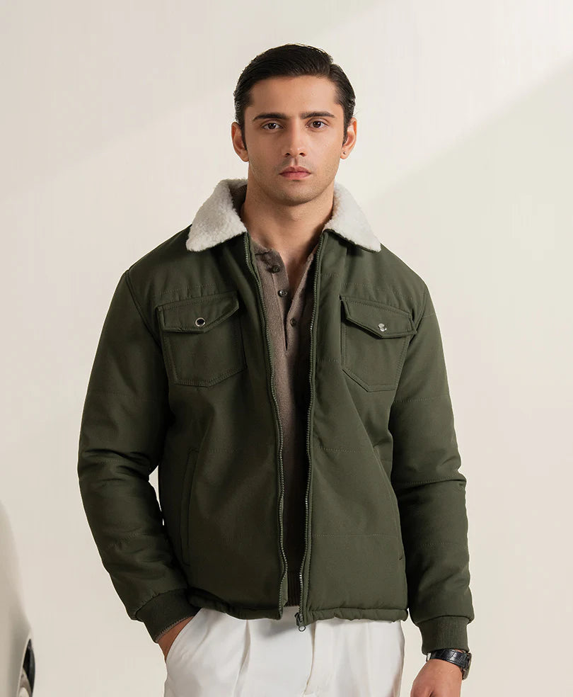 XAYWEAR olive winter jacket for men featuring a soft fur collar and front pockets