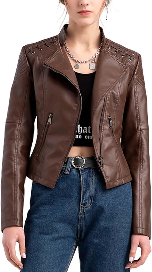 XAYWEAR panel detail leather jacket in brown with stylish stitching and a fitted design