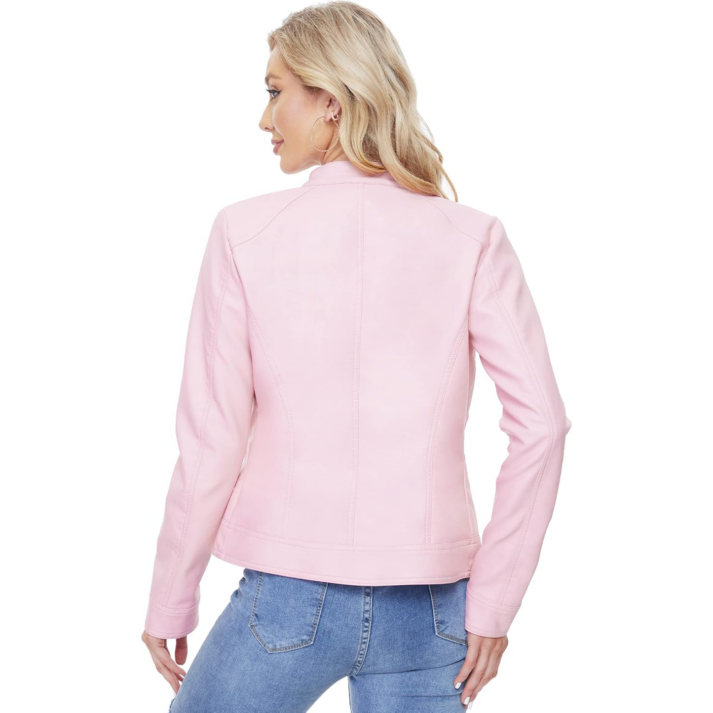 XAYWEAR pink jacket for women made of leather shown from back with fitted design