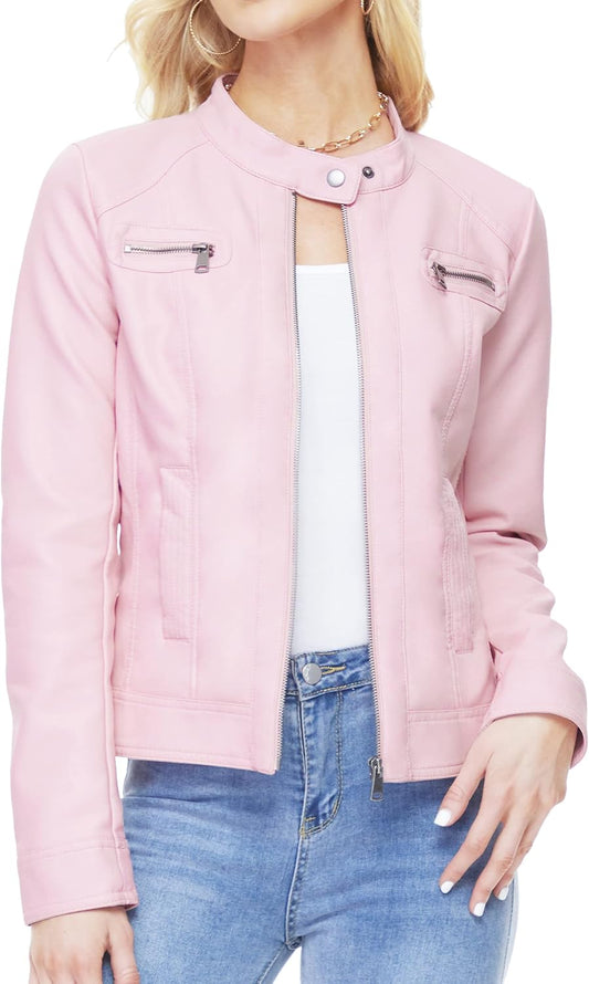 XAYWEAR pink jacket for women made of leather with zipper pockets and snap collar