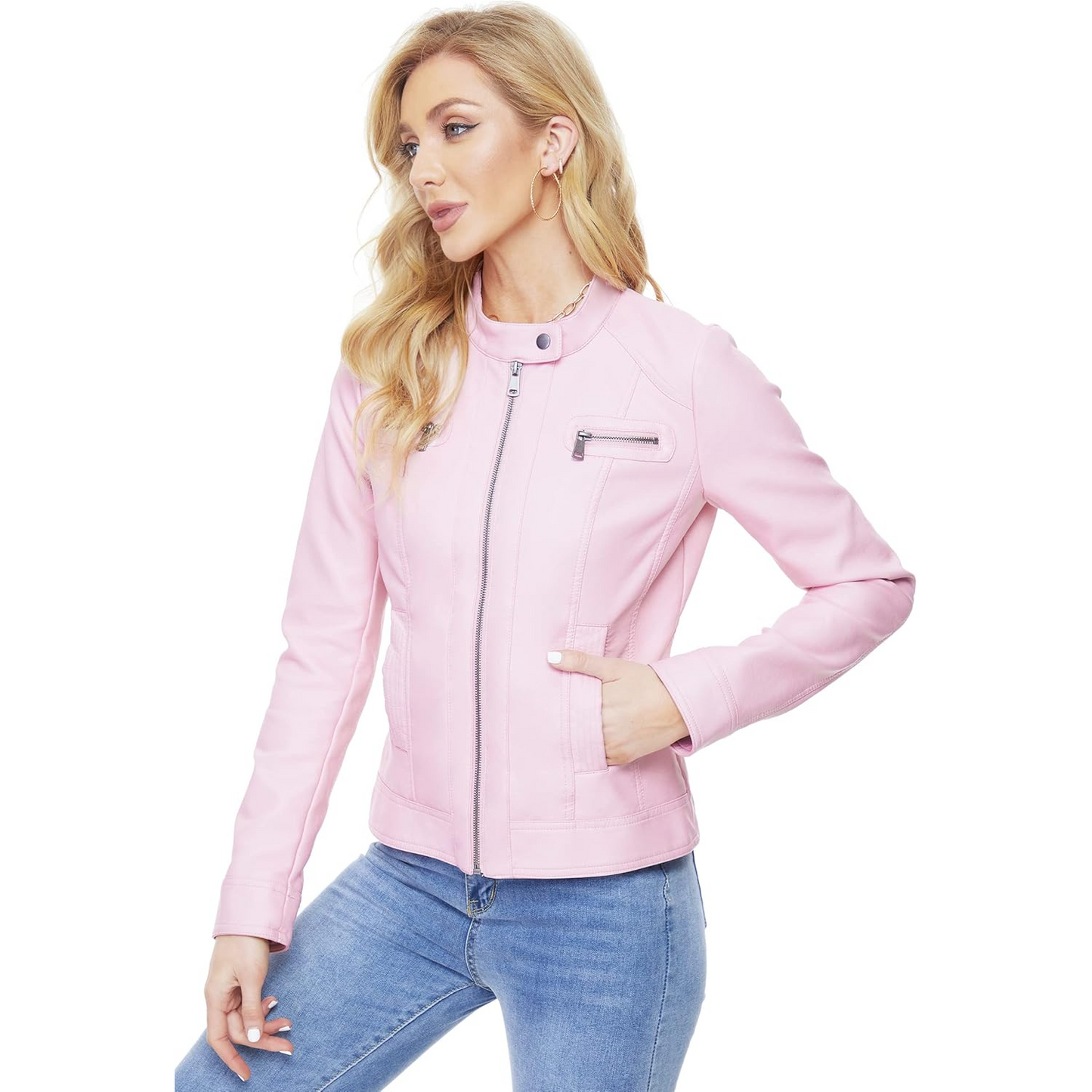 XAYWEAR stylish pink jacket for women made of soft leather with zipper details