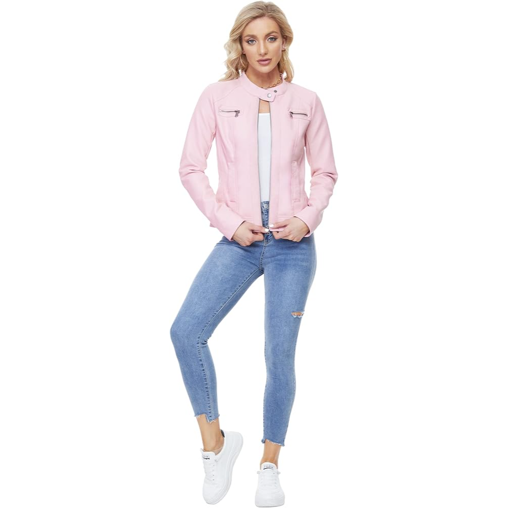 XAYWEAR pink jacket for women styled with light blue jeans and white sneakers