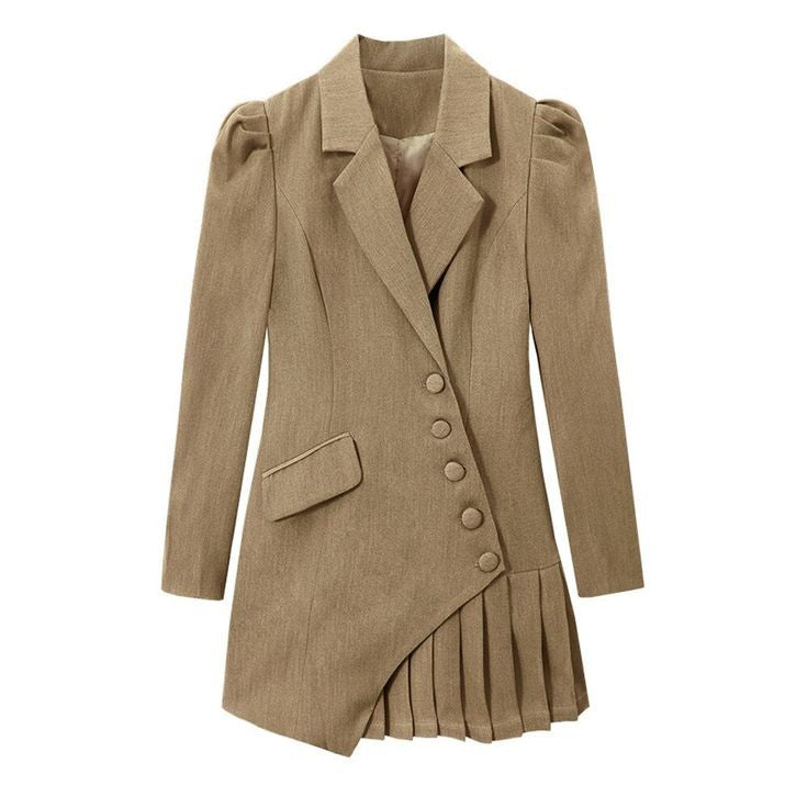 XAYWEAR pleated women's blazer dress in beige with button details and structured shoulders