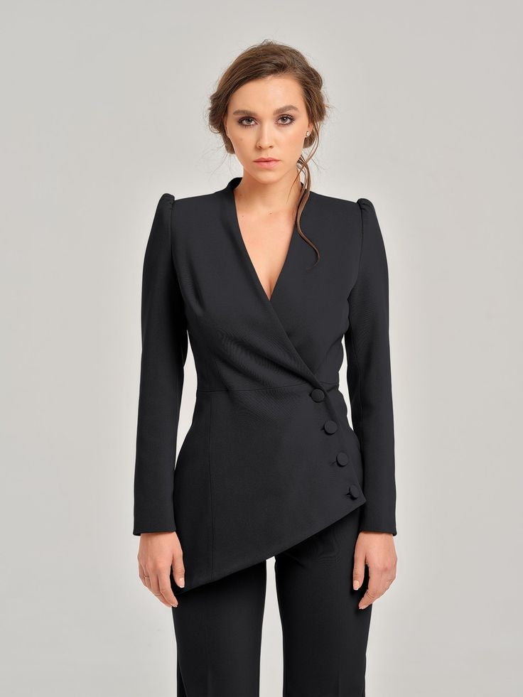 Stylish black power suit for women by XAYWEAR featuring a wrap design and elegant buttons