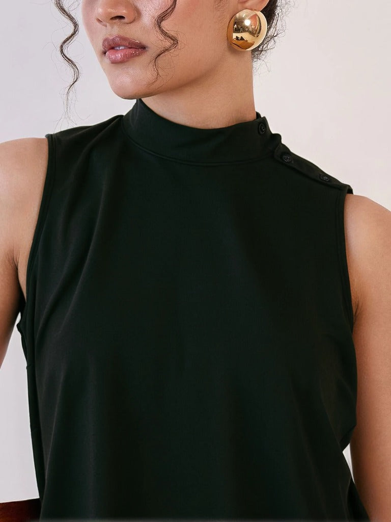 XAYWEAR black high neck sleeveless top with button detail on shoulder