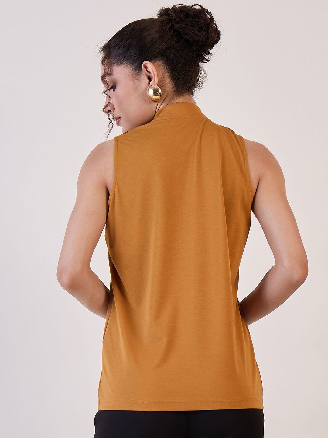 XAYWEAR brown high neck sleeveless top shown from the back with a sleeveless design