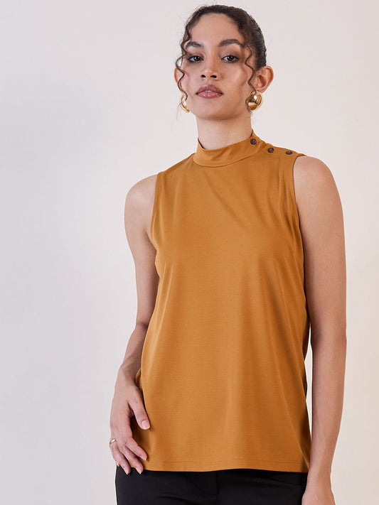 XAYWEAR mustard high neck sleeveless top with button details on shoulder worn by model