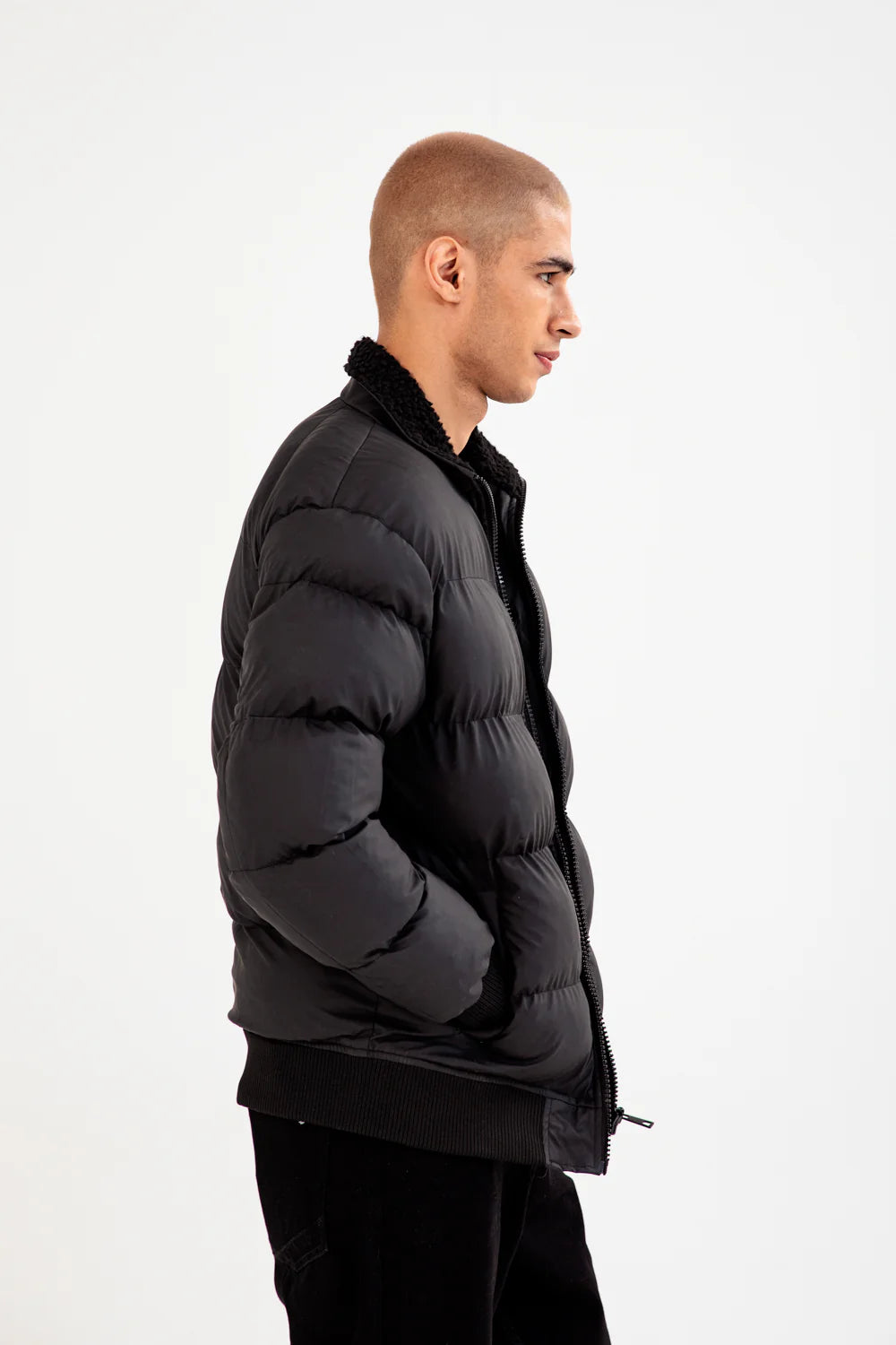 XAYWEAR Black Puffer Jacket for Men with Cozy Sherpa Collar and Stylish Design