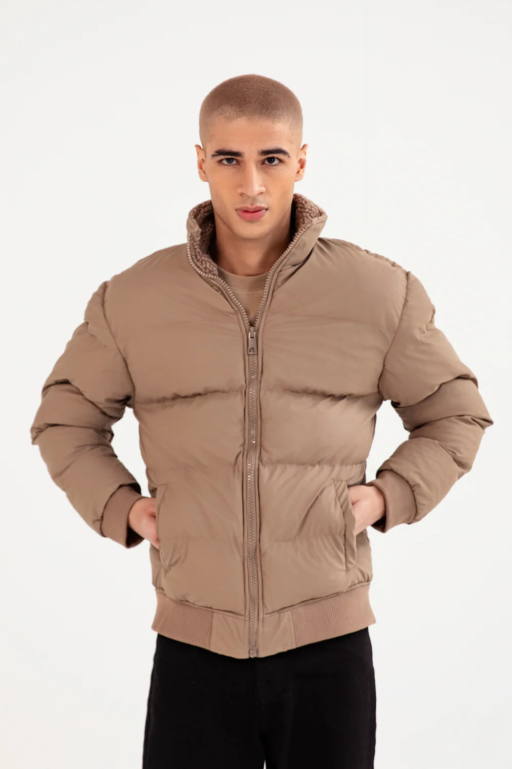 XAYWEAR Tan Puffer Jacket for Men with Zipper and Side Pockets for Warmth and Style