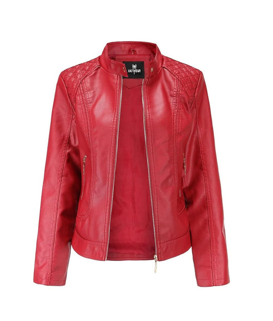 XAYWEAR Red Quilted Shoulder Leather Jacket with a Stylish Design and Zipper Pockets