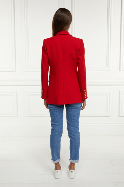 Back view of a stylish red blazer for women, tailored fit with elegant button details