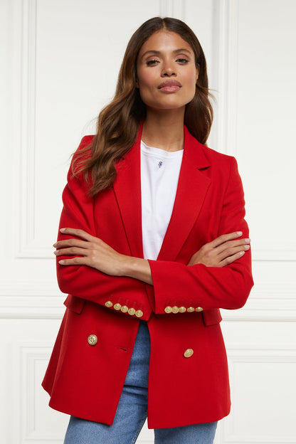 Stylish red blazer for women from XAYWEAR with gold buttons, perfect for various occasions