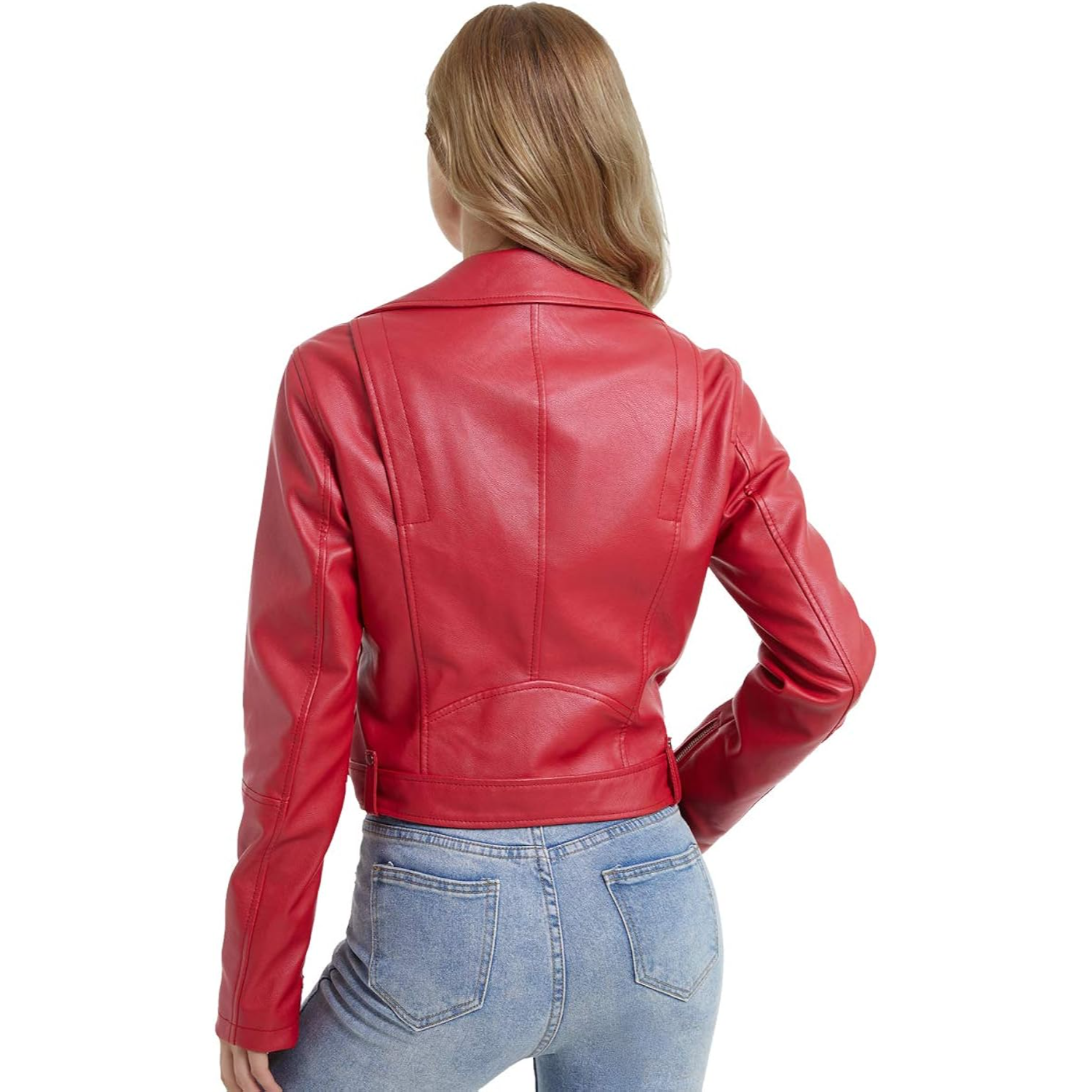XAYWEAR red faux leather jacket for women biker jacket shown from the back with fitted design