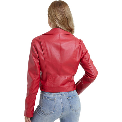 XAYWEAR red faux leather jacket for women biker jacket shown from the back with fitted design