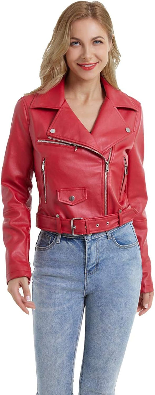 XAYWEAR red faux leather jacket for women biker jacket with zipper and belt detailing