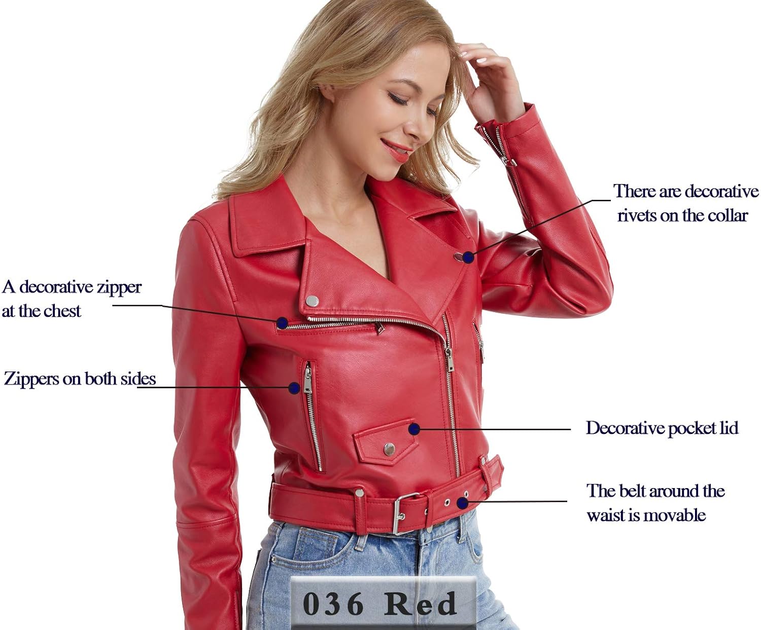 XAYWEAR red faux leather jacket for women with decorative rivets zippers and movable waist belt
