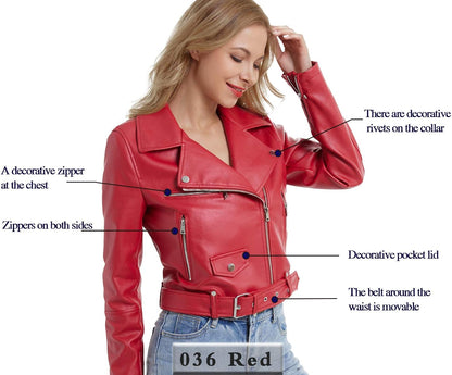 XAYWEAR red faux leather jacket for women with decorative rivets zippers and movable waist belt