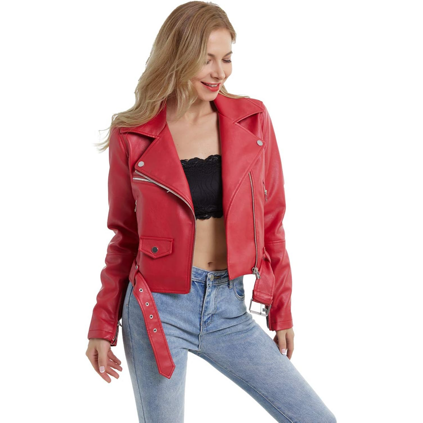 XAYWEAR red faux leather jacket for women styled biker jacket with zipper and belt details