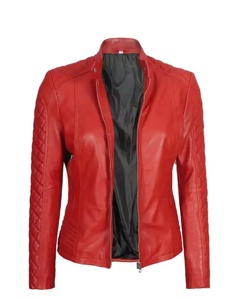 XAYWEAR red leather jacket for women biker jacket with quilted sleeves and front zipper