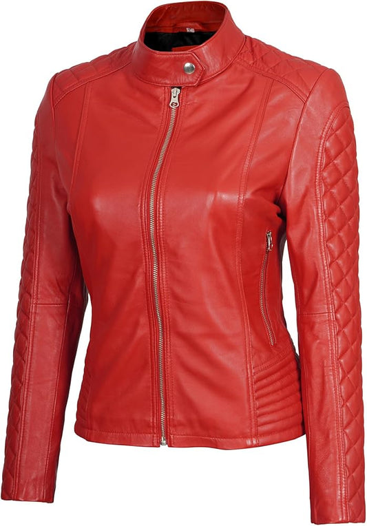 XAYWEAR red leather jacket for women with quilted sleeves and front zipper closure