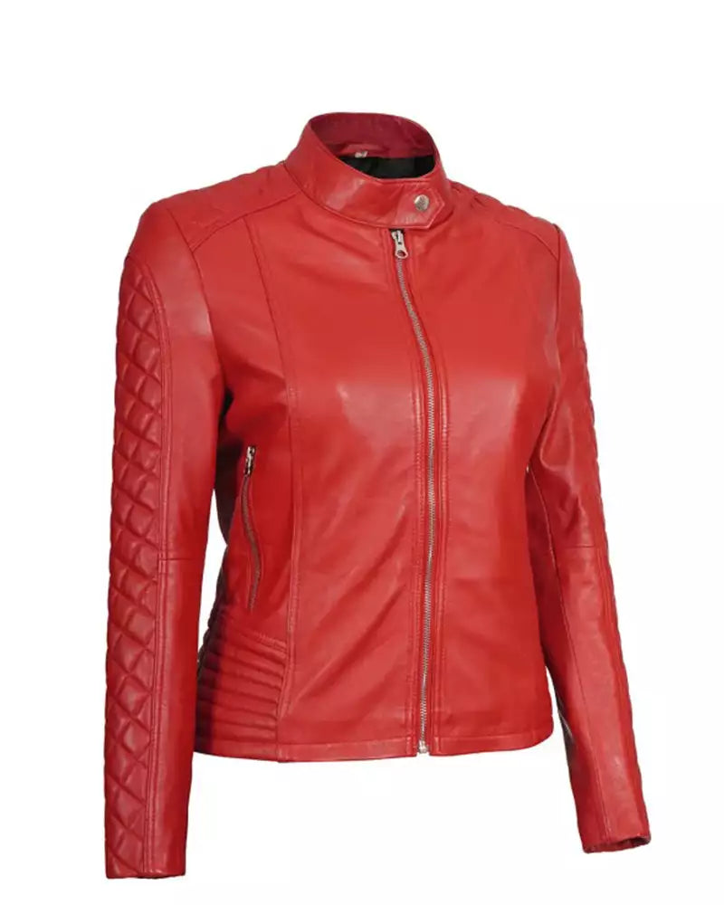 XAYWEAR red leather jacket for women with quilted sleeve details and front zipper closure