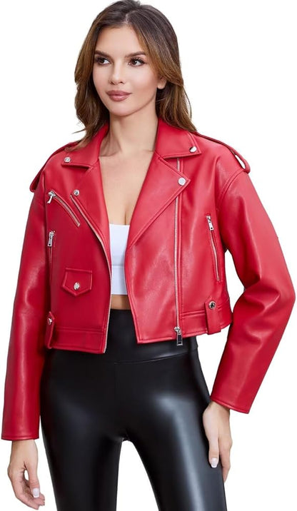 XAYWEAR red biker jacket for women styled as a short women jacket with zipper details and cropped fit