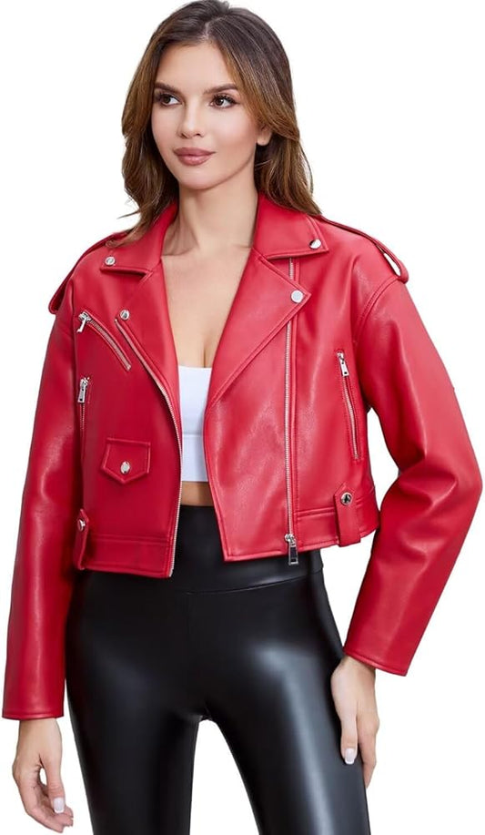 XAYWEAR red biker jacket for women styled as a short women jacket with zipper details and cropped fit