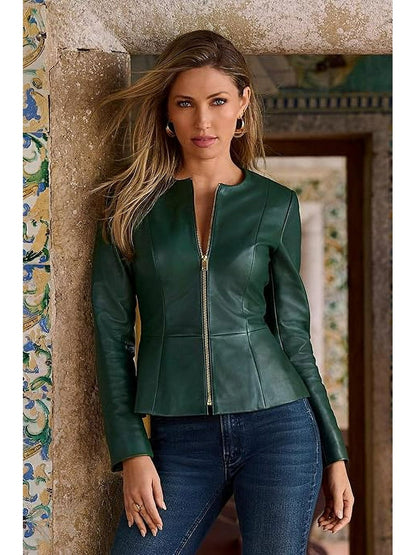 XAYWEAR Faux Leather Peplum Jacket in Elegant Green - XAYWEAR