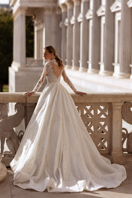 XAYWEAR Premium - High Neck Lace Ball Gown with Illusion Sleeves - XAYWEAR
