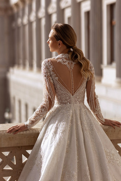 XAYWEAR Premium - High Neck Lace Ball Gown with Illusion Sleeves - XAYWEAR