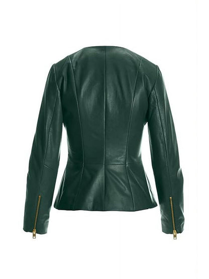 XAYWEAR Faux Leather Peplum Jacket in Elegant Green - XAYWEAR