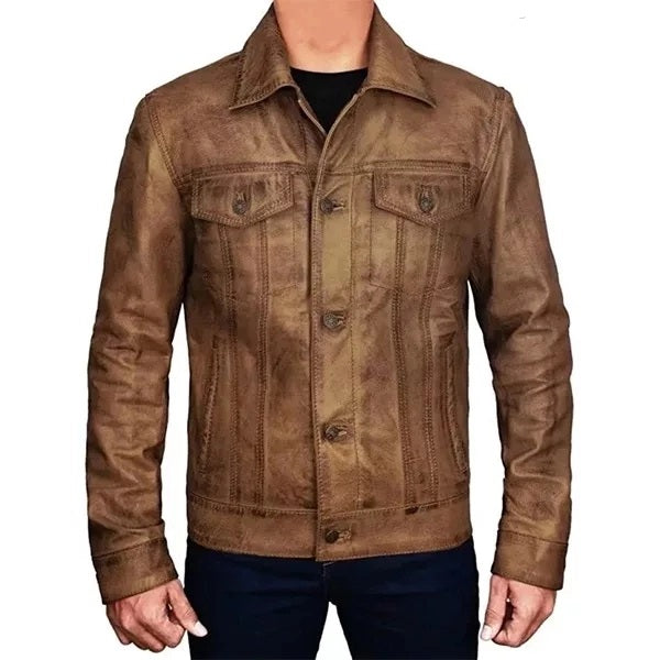 XAYWEAR Distressed Leather Trucker Jacket for Men