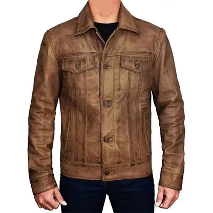 XAYWEAR Distressed Leather Trucker Jacket for Men