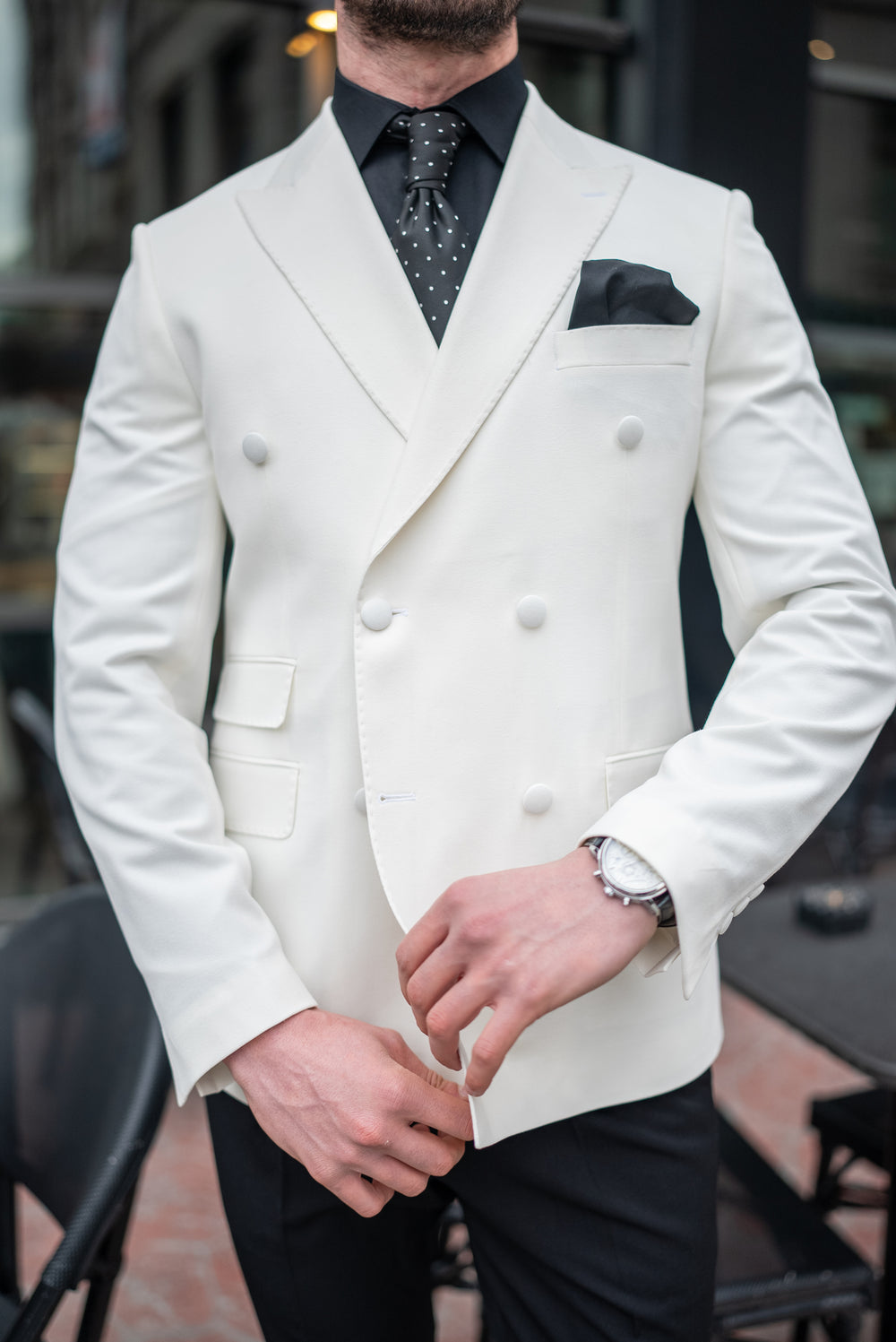 XAYWEAR Ivory Double Breasted Tuxedo Blazer - XAYWEAR