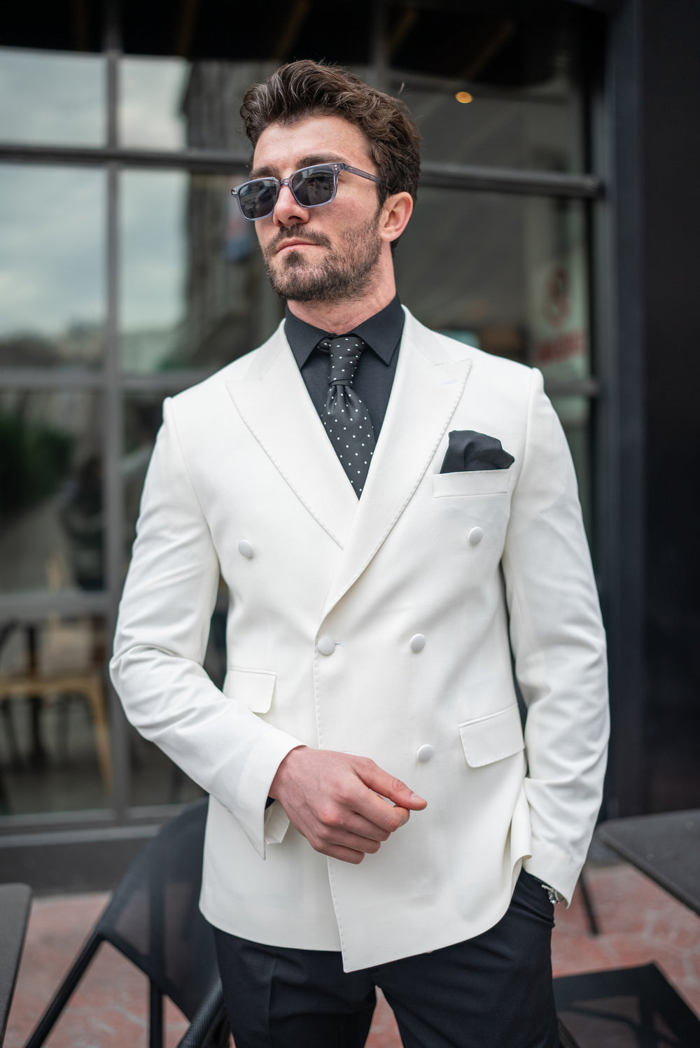 XAYWEAR Ivory Double Breasted Tuxedo Blazer - XAYWEAR