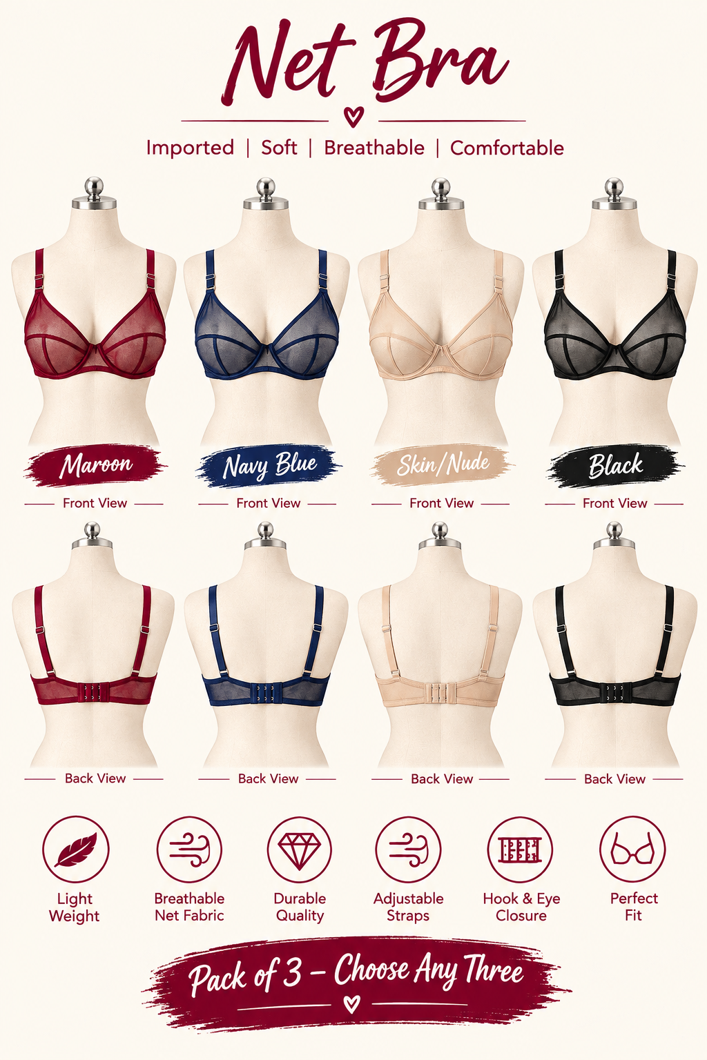 XAYWEAR Elegant Net Bra XYR-B77  -  PACK OF 3 DEAL