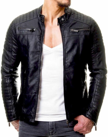 XAYWEAR Black Leather Biker Jacket for Men